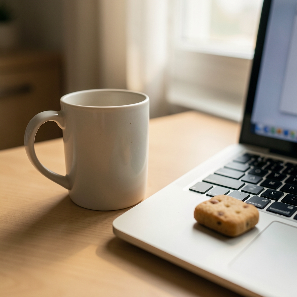 Close-up of a half-empty coffee mug and a small snack beside a laptop keyboard during afternoon working hours in natural office light
