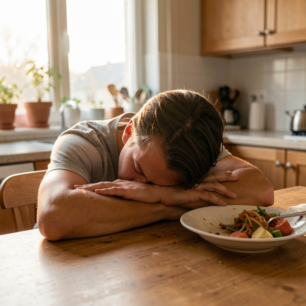 Person resting head on folded arms on a kitchen table, half-finished meal nearby, window light suggesting late afternoon tiredness